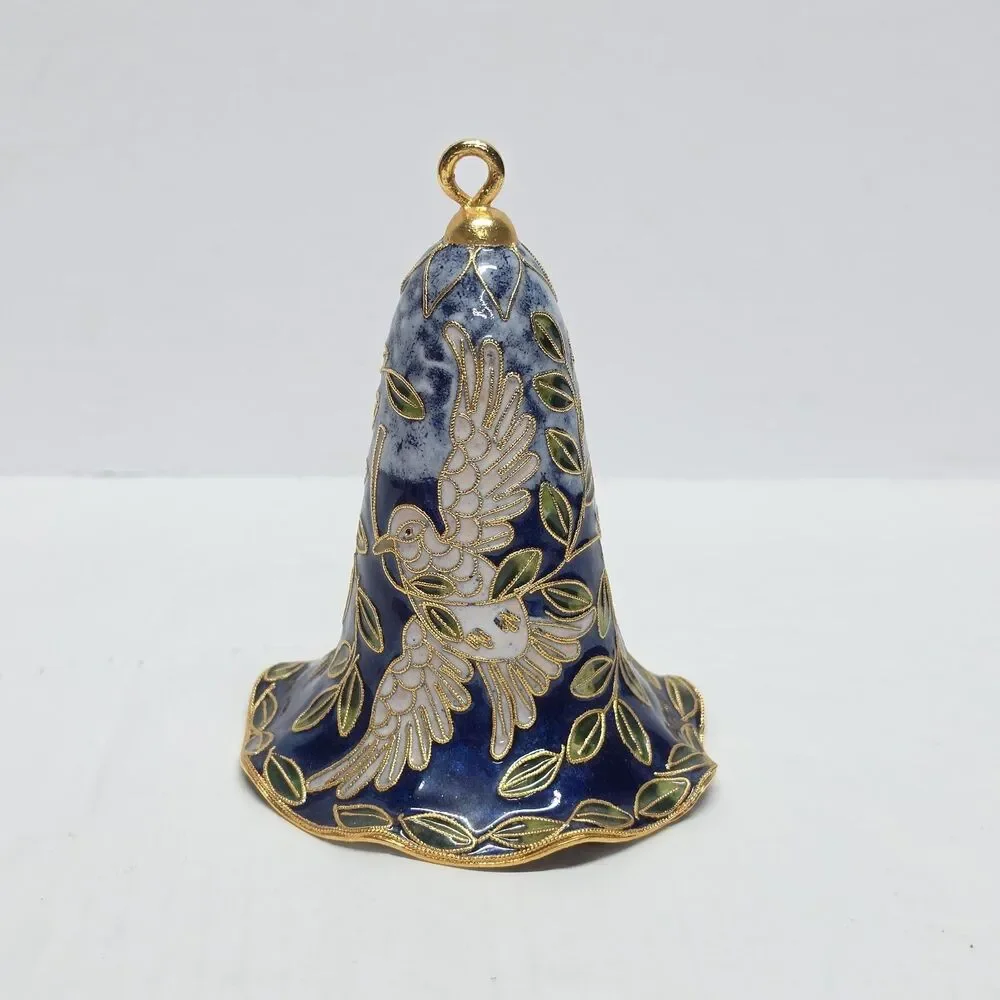 Vintage Cloisonne Large Blue Bell White Dove Of Peace Ornament Traditional Asian